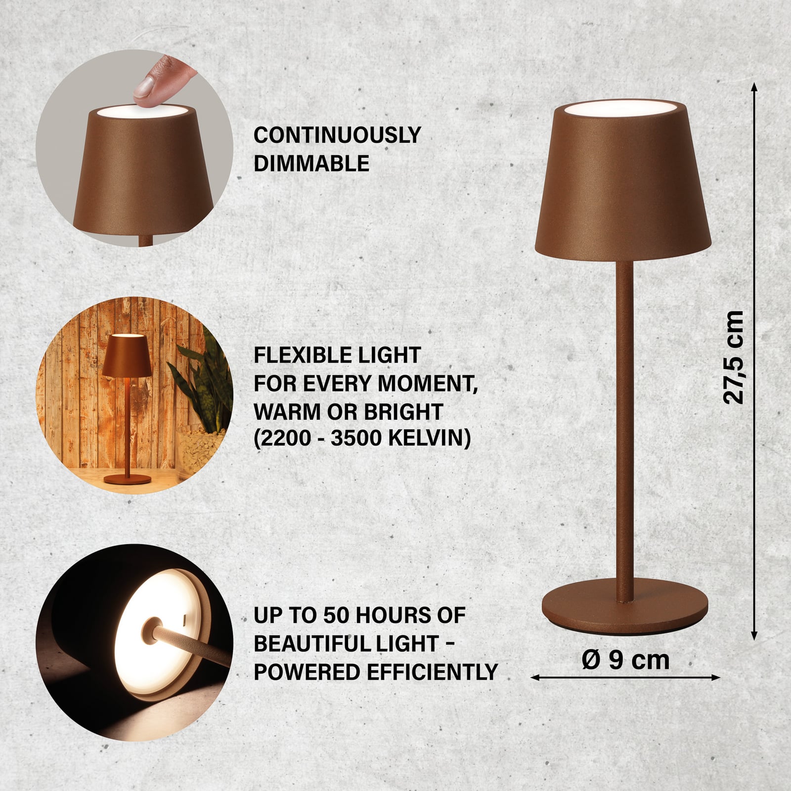 LED oppladbar bordlampe Roxi rustfarget dimbar CCT IP54 nærbilde av lampehode