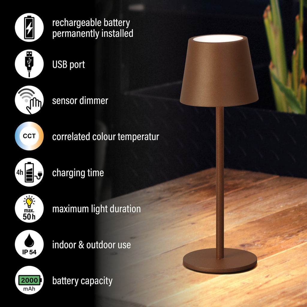 LED oppladbar bordlampe Roxi rustfarget dimbar CCT IP54 USB-ladekabel