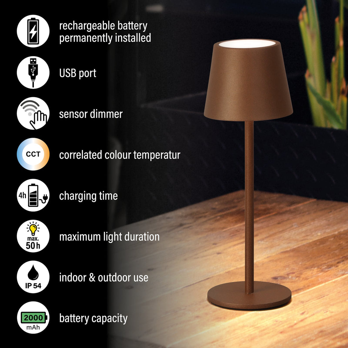 LED oppladbar bordlampe Roxi rustfarget dimbar CCT IP54 USB-ladekabel