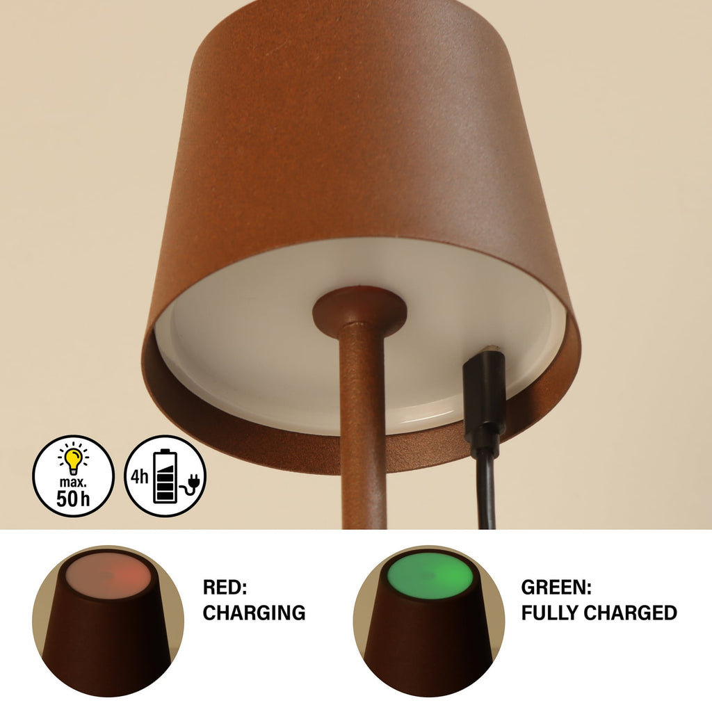 LED oppladbar bordlampe Roxi rustfarget dimbar CCT IP54 sideprofil