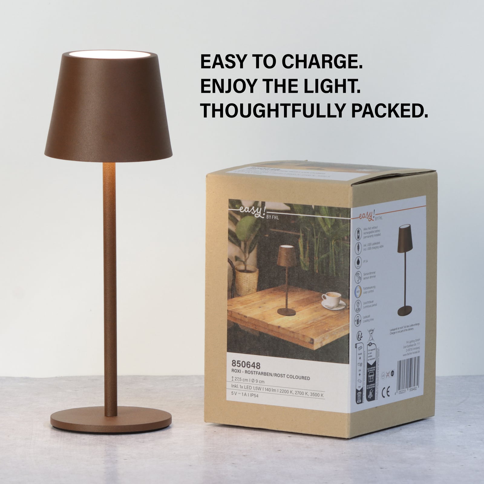 LED oppladbar bordlampe Roxi rustfarget dimbar CCT IP54 med lys på