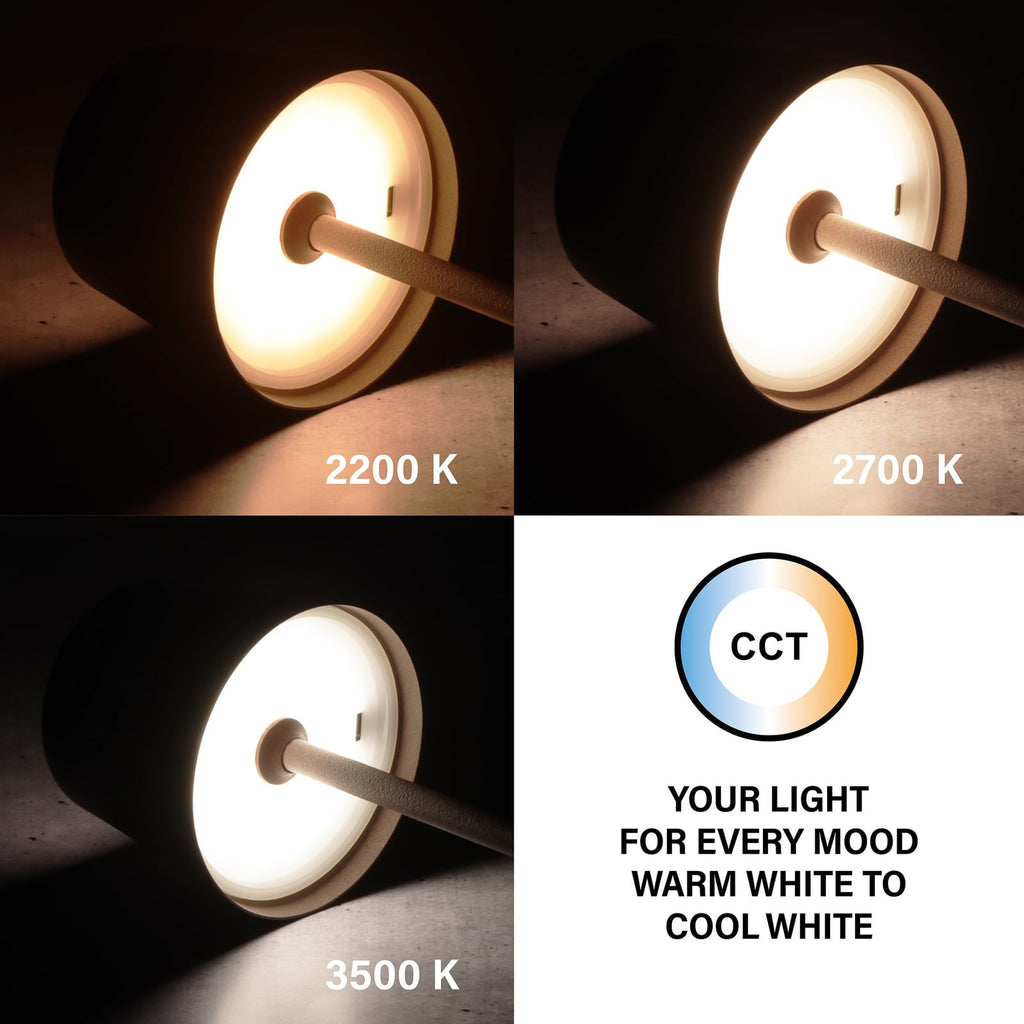 LED oppladbar bordlampe Roxi rustfarget dimbar CCT IP54 oversikt