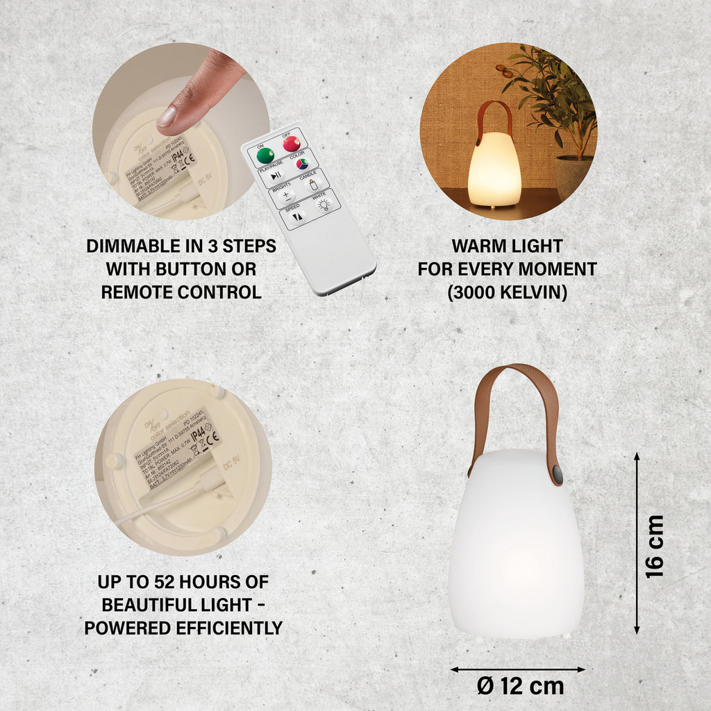 LED oppladbar bordlampe Ruby RGB med fjernkontroll IP44 montert på bord