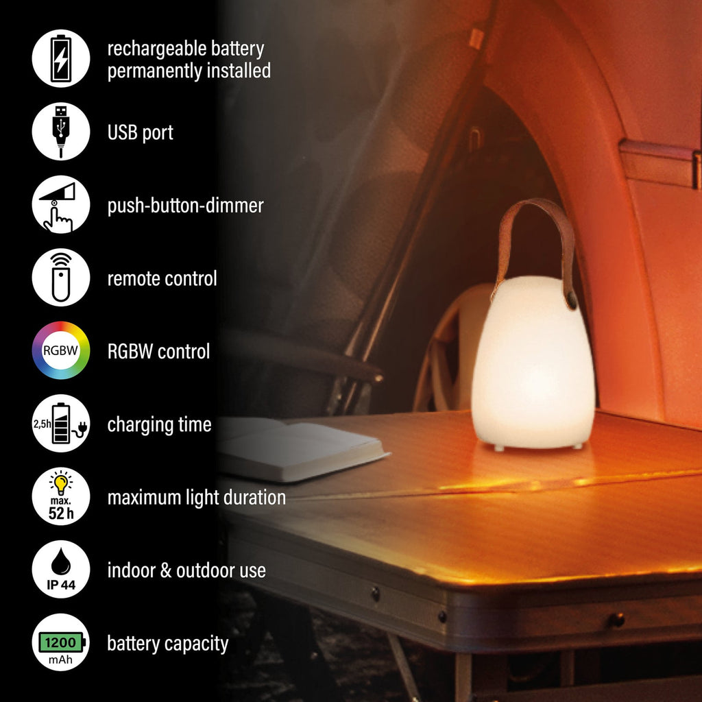 LED oppladbar bordlampe Ruby RGB med fjernkontroll IP44 nærbilde av tragerem
