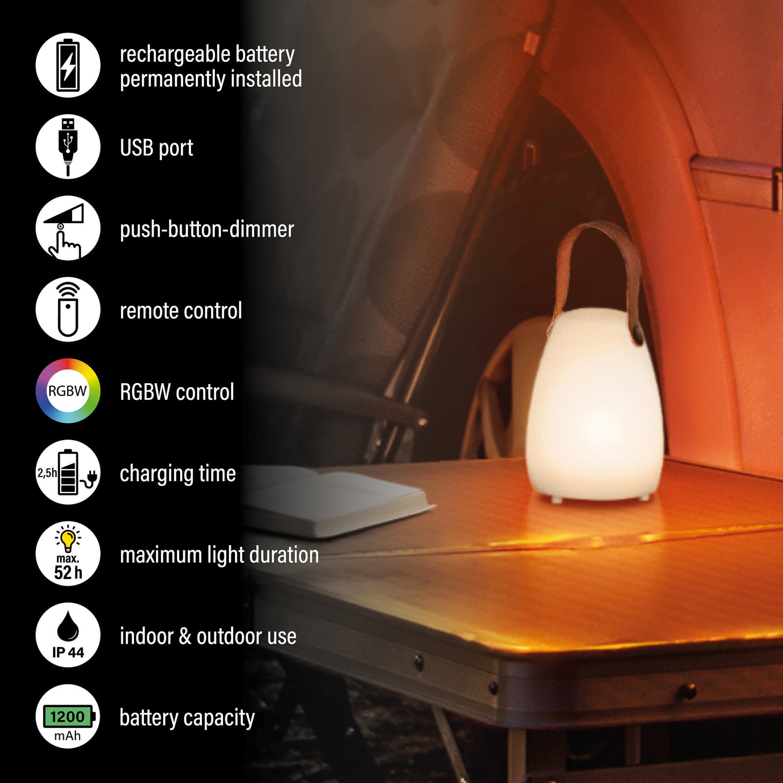 LED oppladbar bordlampe Ruby RGB med fjernkontroll IP44 nærbilde av tragerem