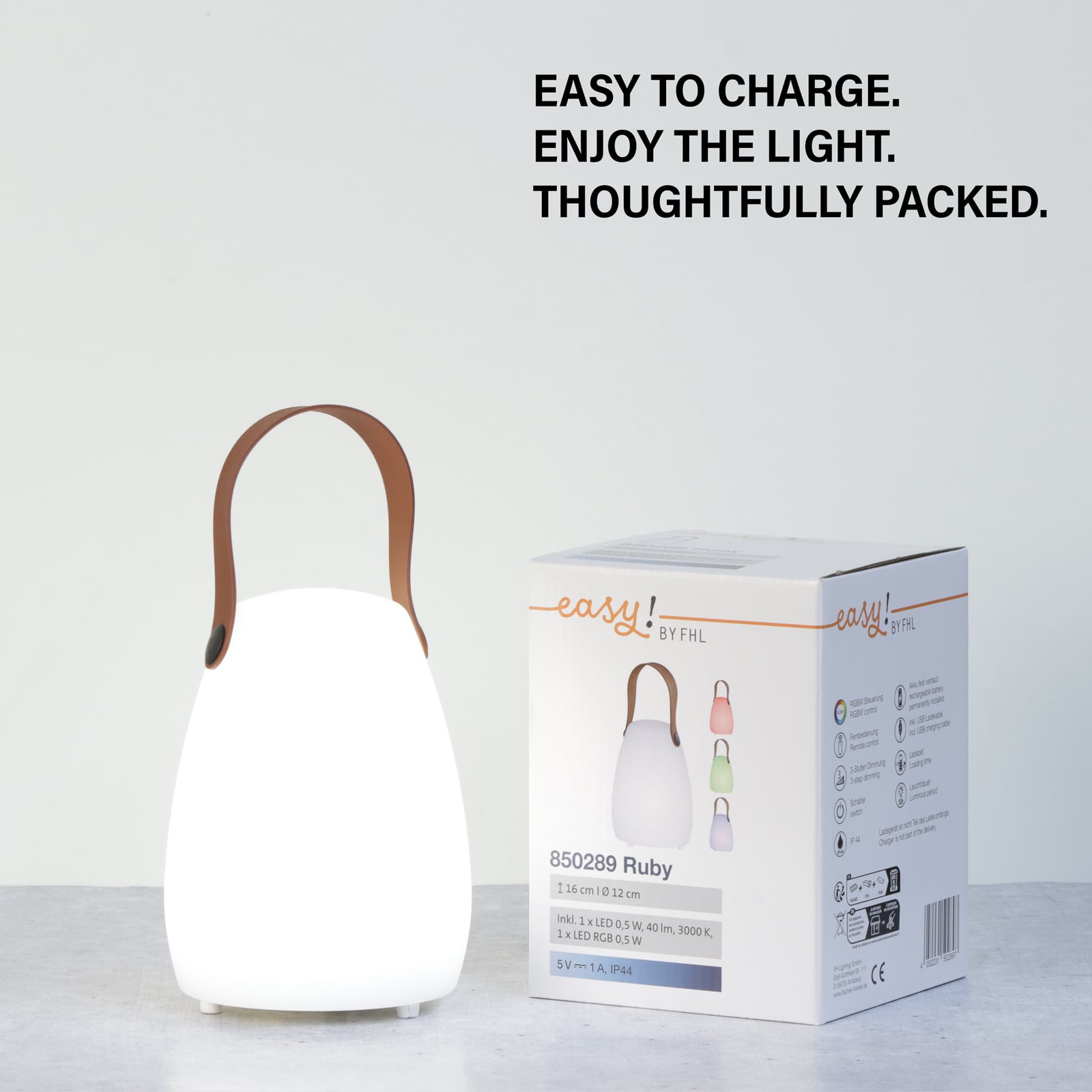 LED oppladbar bordlampe Ruby RGB med fjernkontroll IP44 USB ladekabel