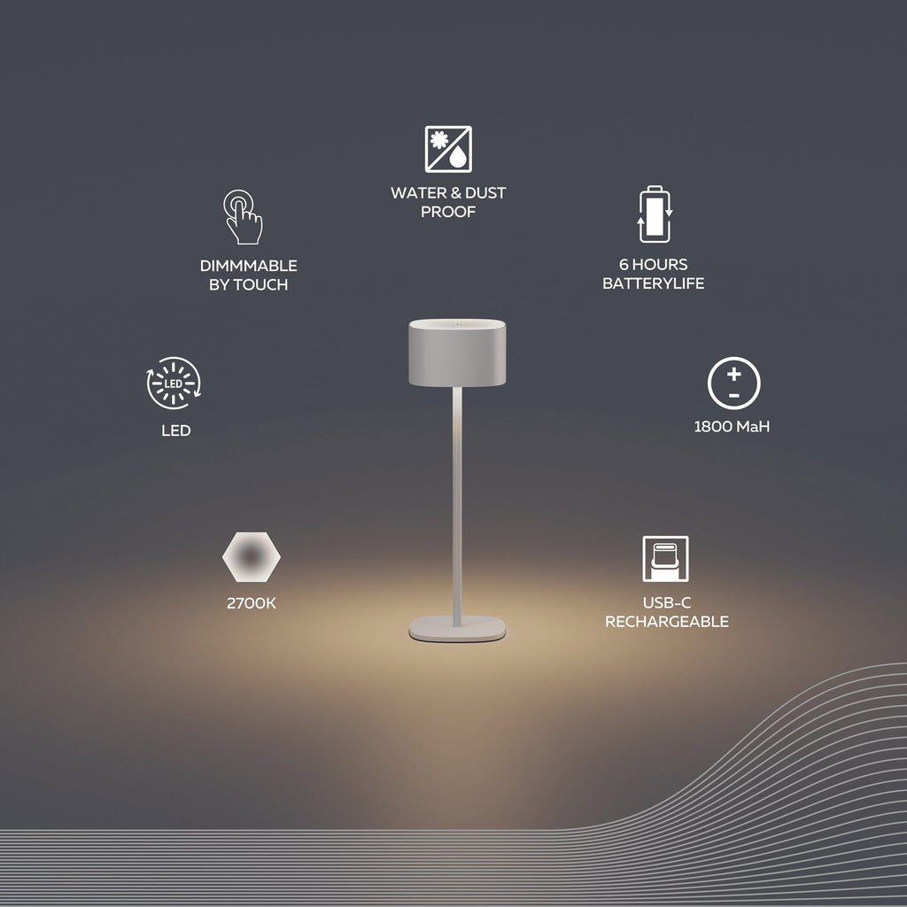 LED oppladbar bordlampe Serino aluminium sand IP44 touchdimmer