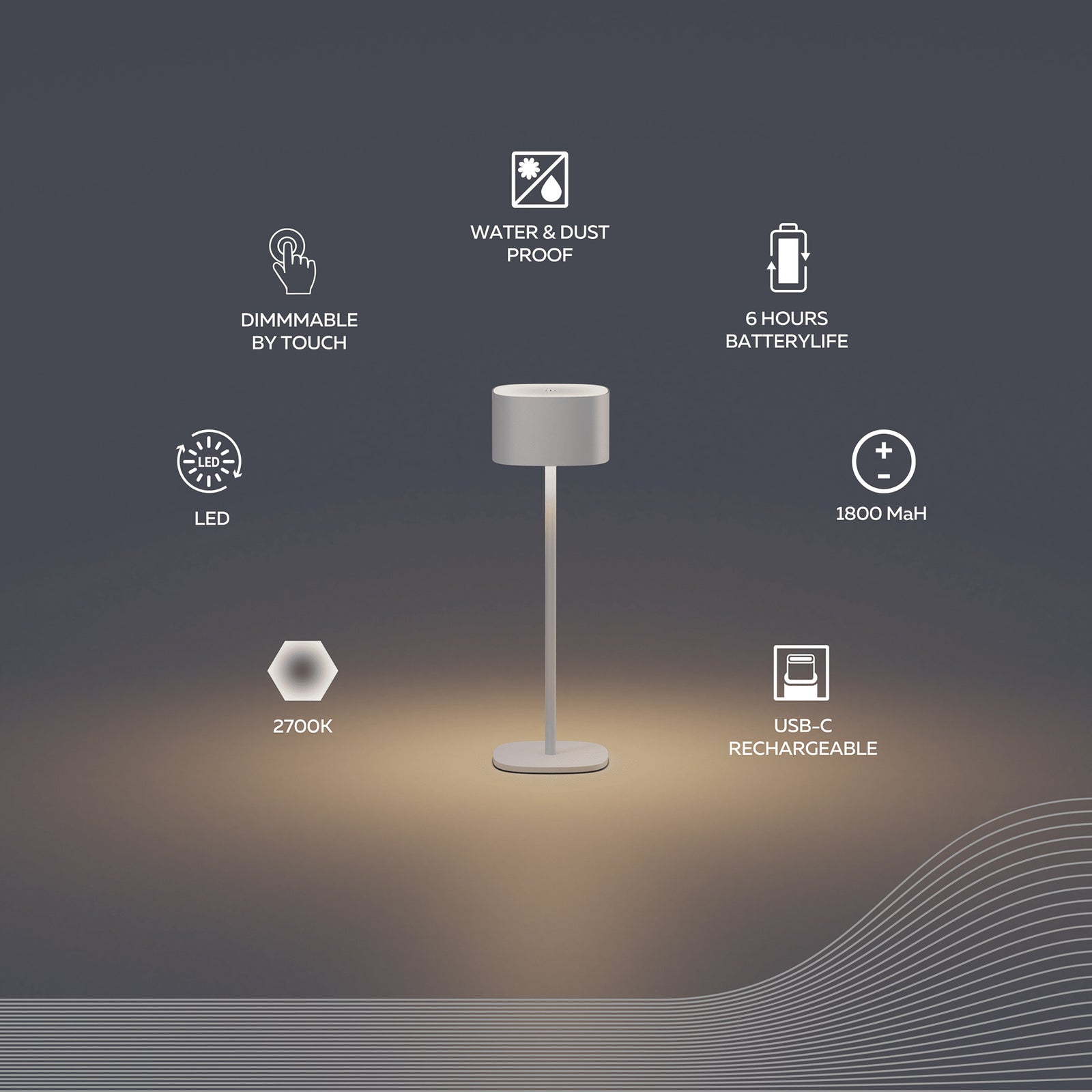 LED oppladbar bordlampe Serino aluminium sand IP44 touchdimmer