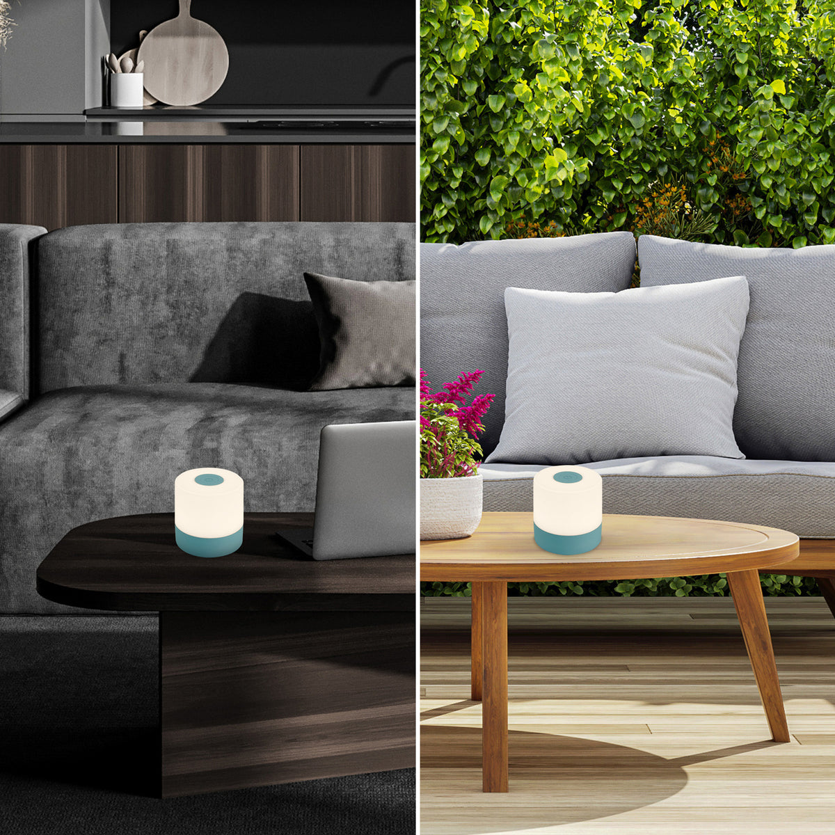 LED oppladbar bordlampe Smal blå dimbar 2700K IP44 montert på bord