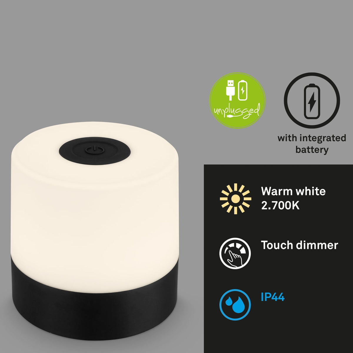 LED oppladbar bordlampe Smal svart Ø7 cm dimbar IP44 2700K nærbilde