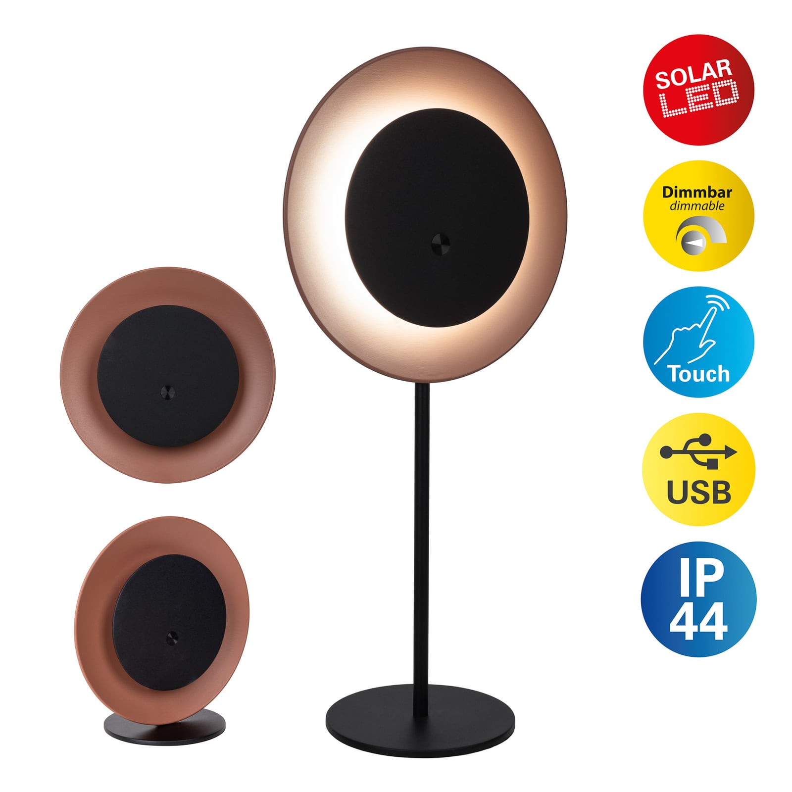LED oppladbar bordlampe Solan solcelle dimbar IP54 svart USB-ladekabel