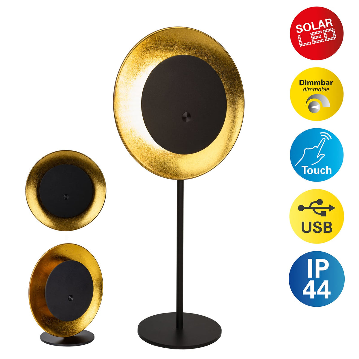 LED oppladbar bordlampe Solan svart/gull dimbar IP54 bruk i uterom