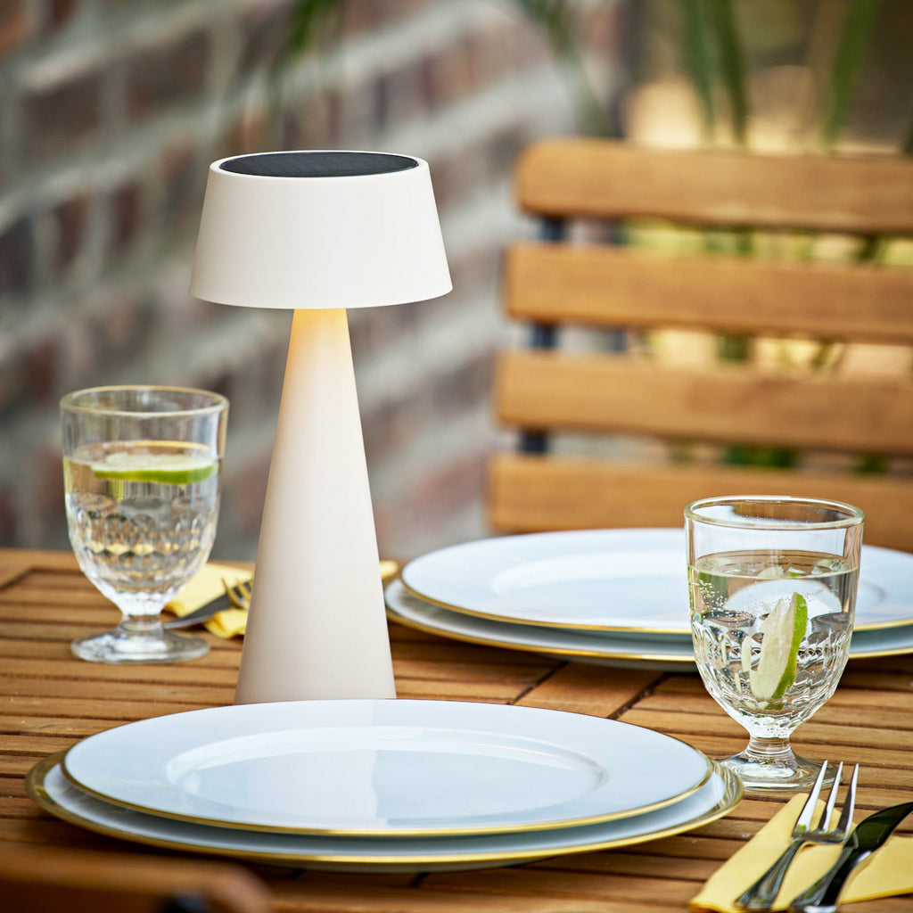 LED oppladbar bordlampe Solino dimbar beige bakside