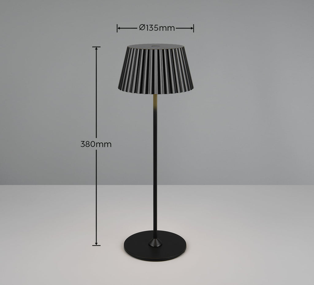 LED oppladbar bordlampe Suarez svart metall IP44 dimbar bakside