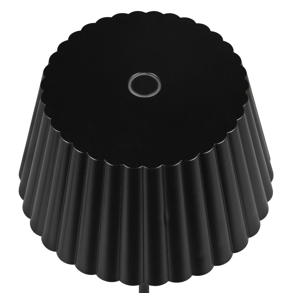LED oppladbar bordlampe Suarez svart metall IP44 dimbar detalj av touchdimmer