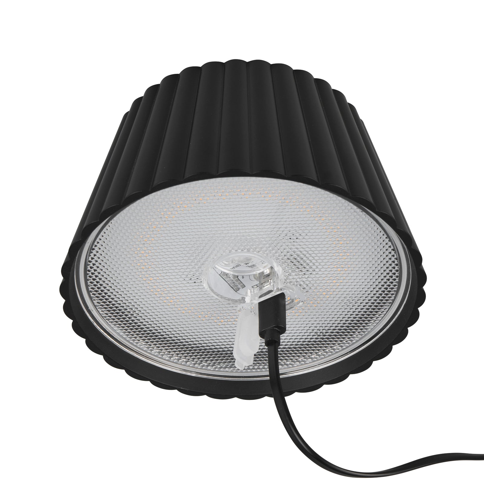 LED oppladbar bordlampe Suarez svart metall IP44 dimbar nærbilde av LED-lyskilde