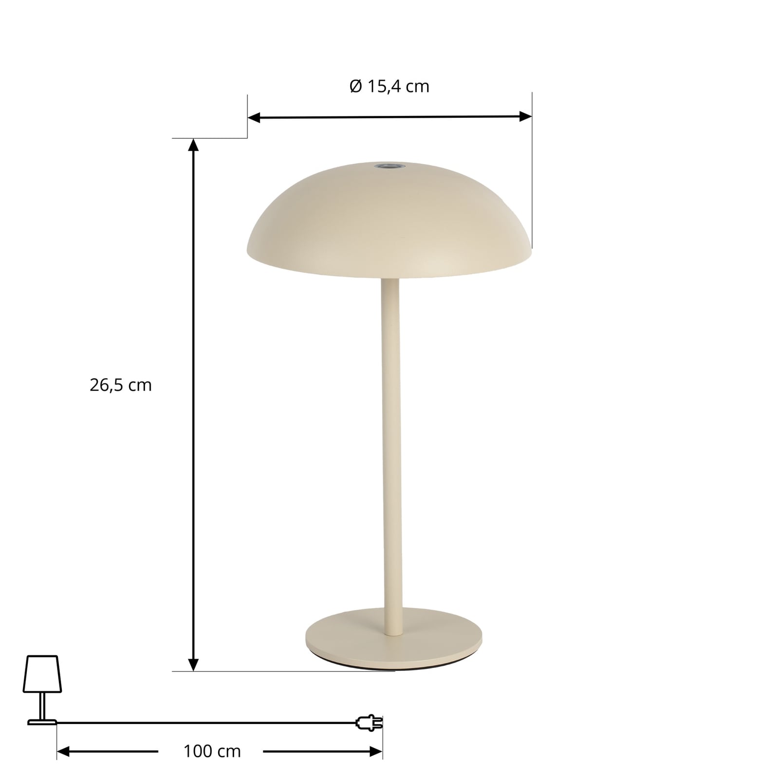 LED oppladbar bordlampe Thenra dimbar beige IP65 sideprofil