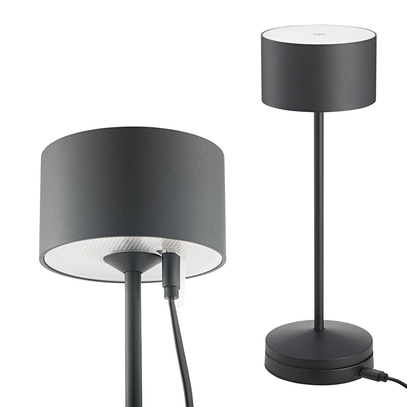 LED oppladbar bordlampe Veluna svart aluminium USB-C ladekabel