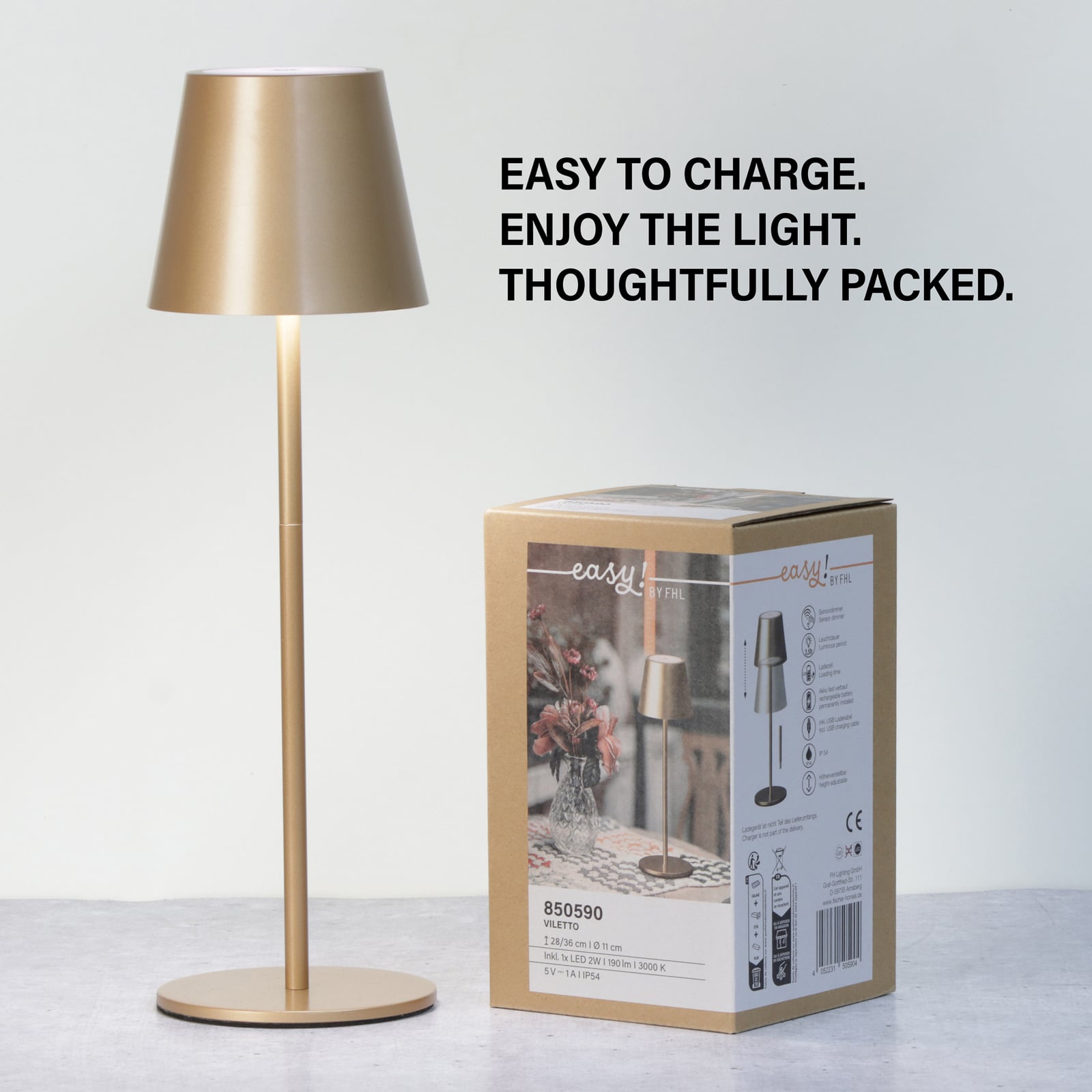LED oppladbar bordlampe Viletto brun i bruk