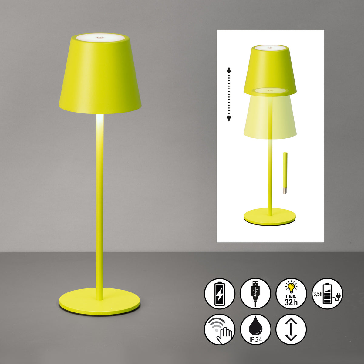 LED oppladbar bordlampe Viletto lysegrønn dimbar IP54 montert utendørs