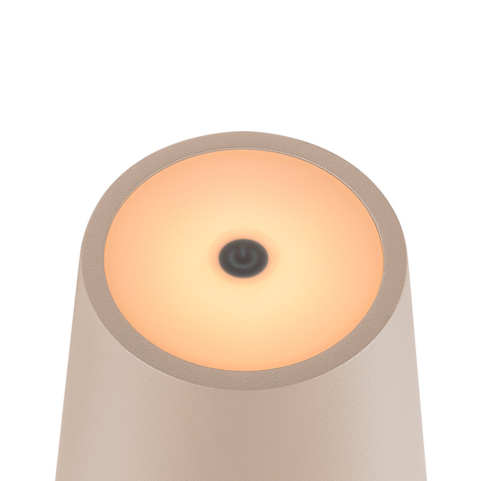 Nærbilde av touch-dimmer på LED oppladbar bordlampe Vinolina Two aluminium CCT IP65