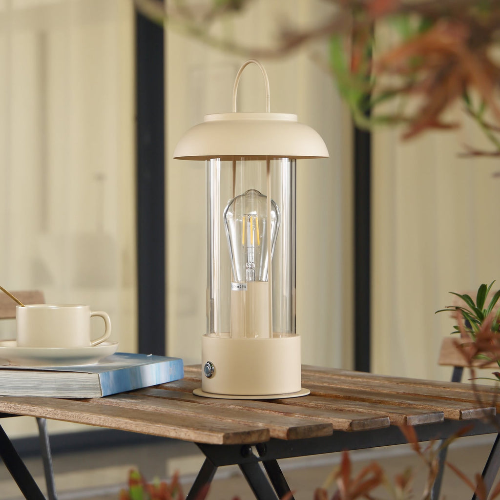 LED oppladbar bordlampe Yvette apricot glass IP44 dimbar bakside
