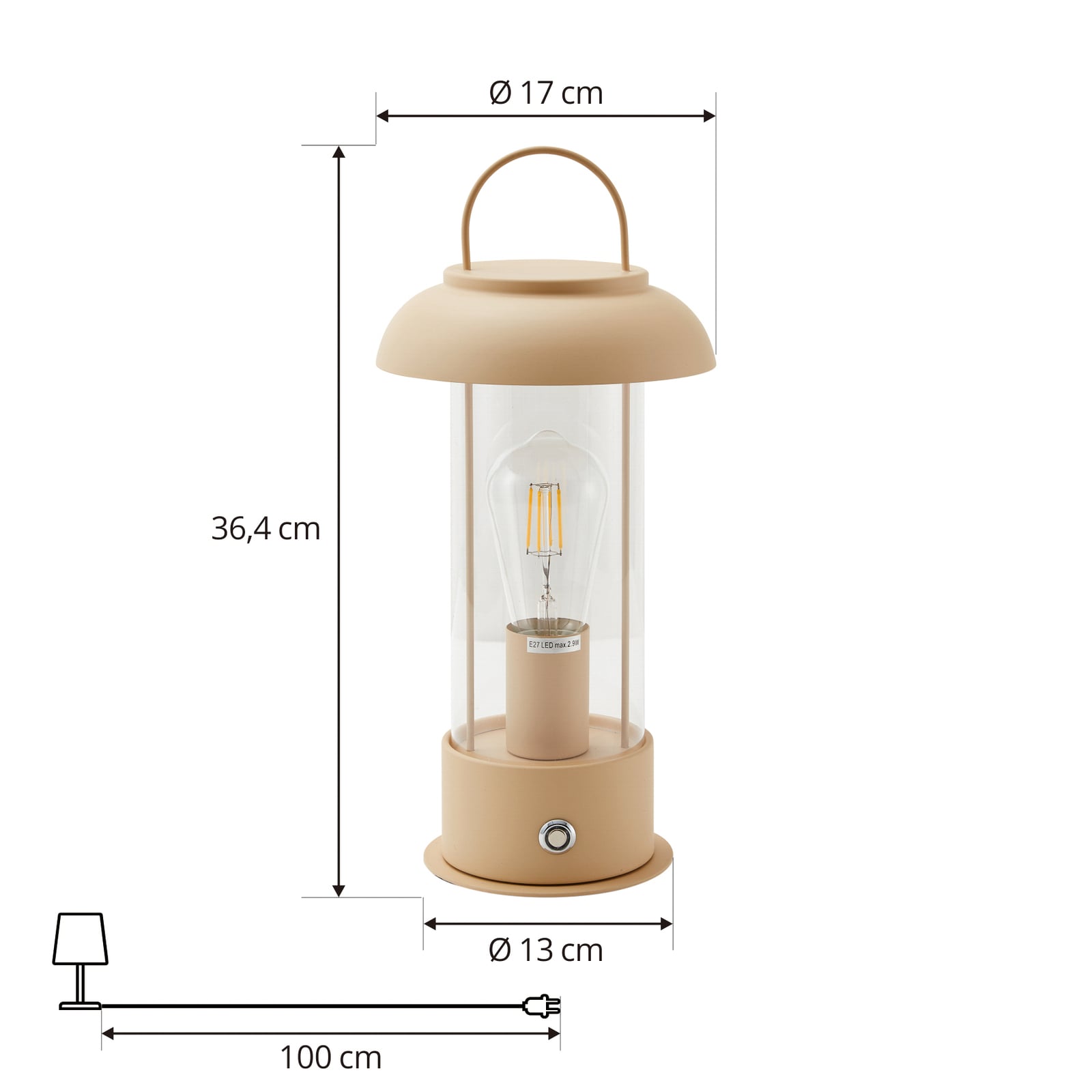 LED oppladbar bordlampe Yvette apricot glass IP44 dimbar montert på bord