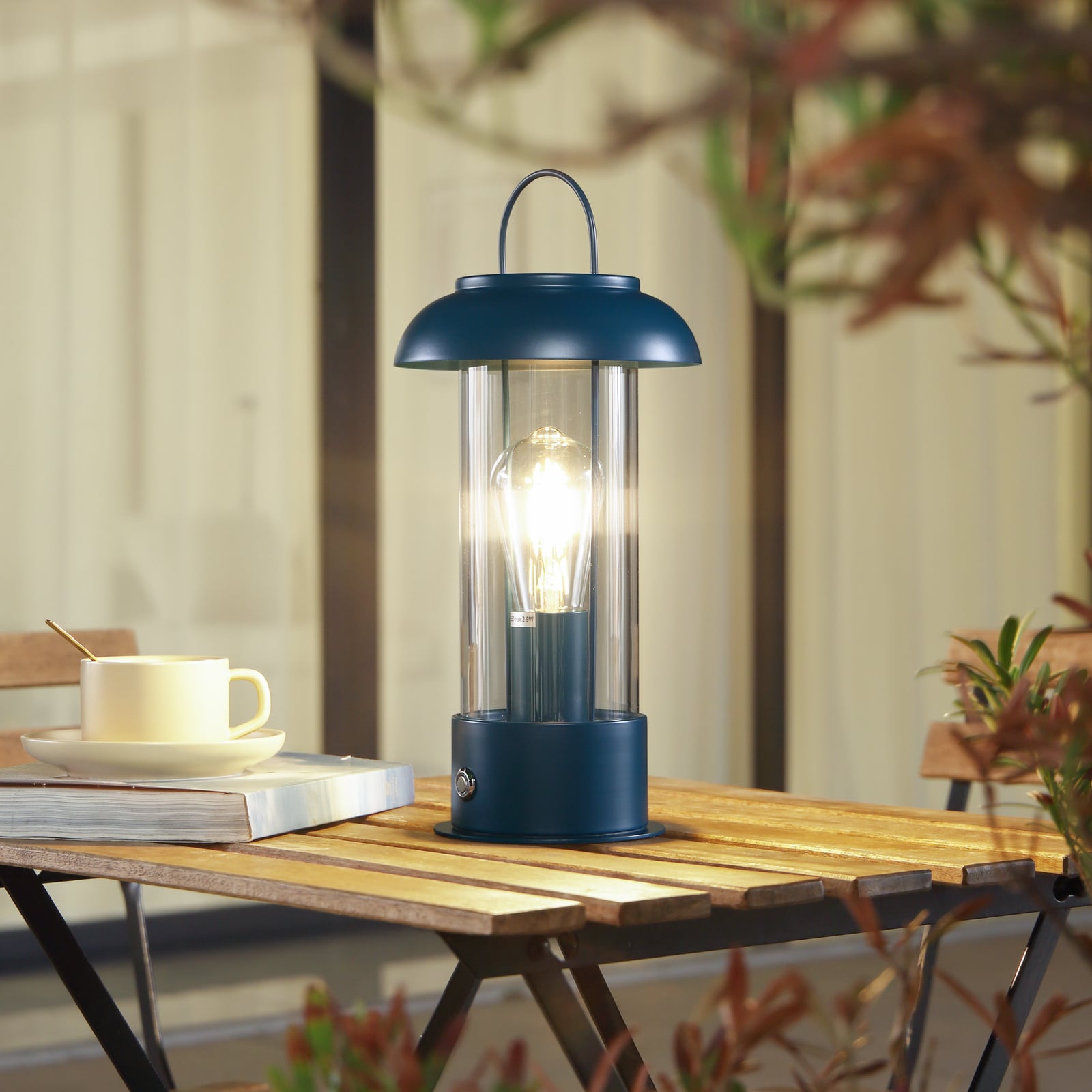 LED oppladbar bordlampe Yvette glass blå IP44 dimbar forfra