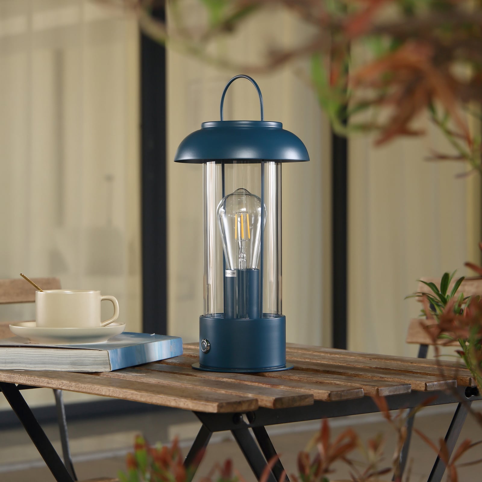 LED oppladbar bordlampe Yvette glass blå IP44 dimbar bakside