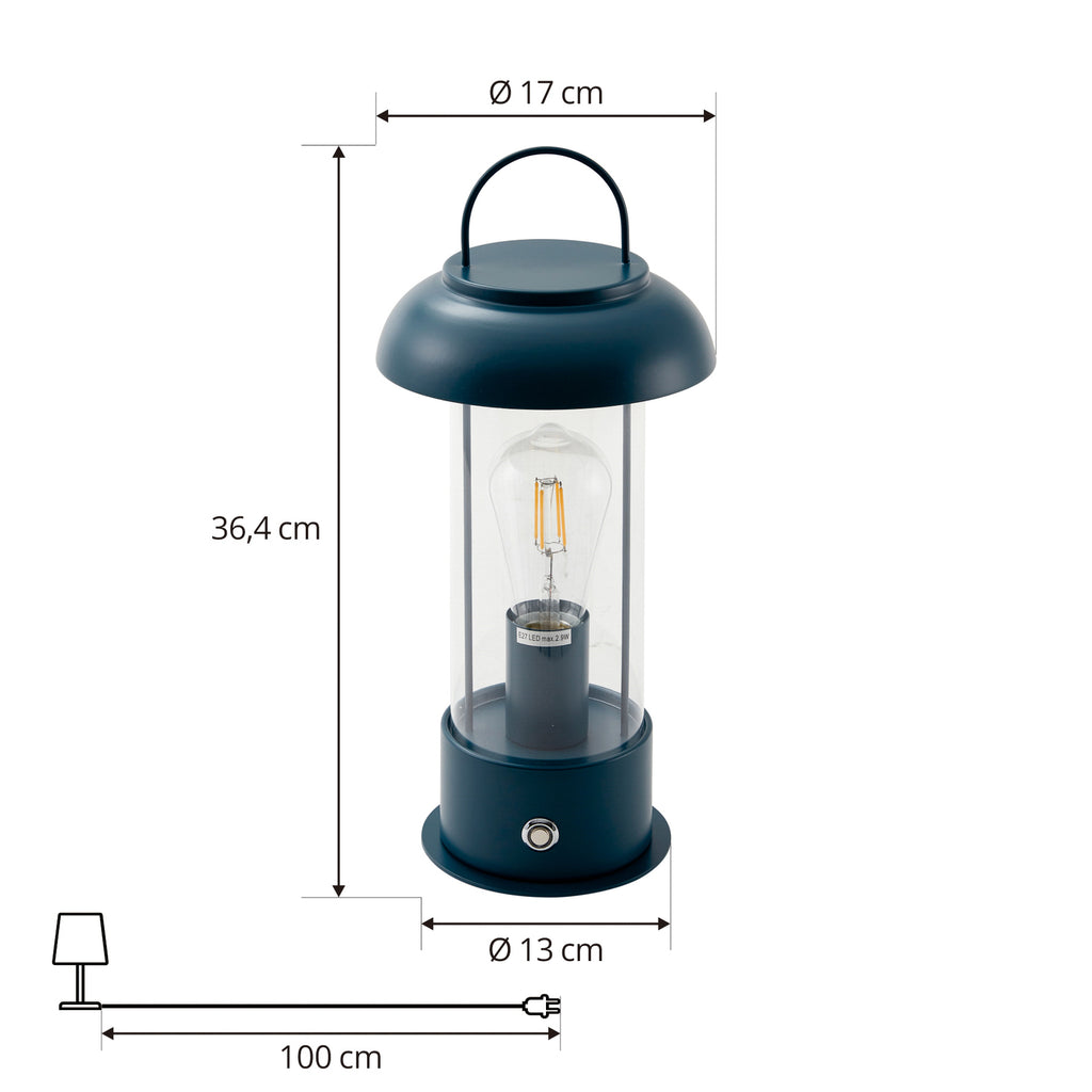 Nærbilde av LED oppladbar bordlampe Yvette glass blå IP44 dimbar