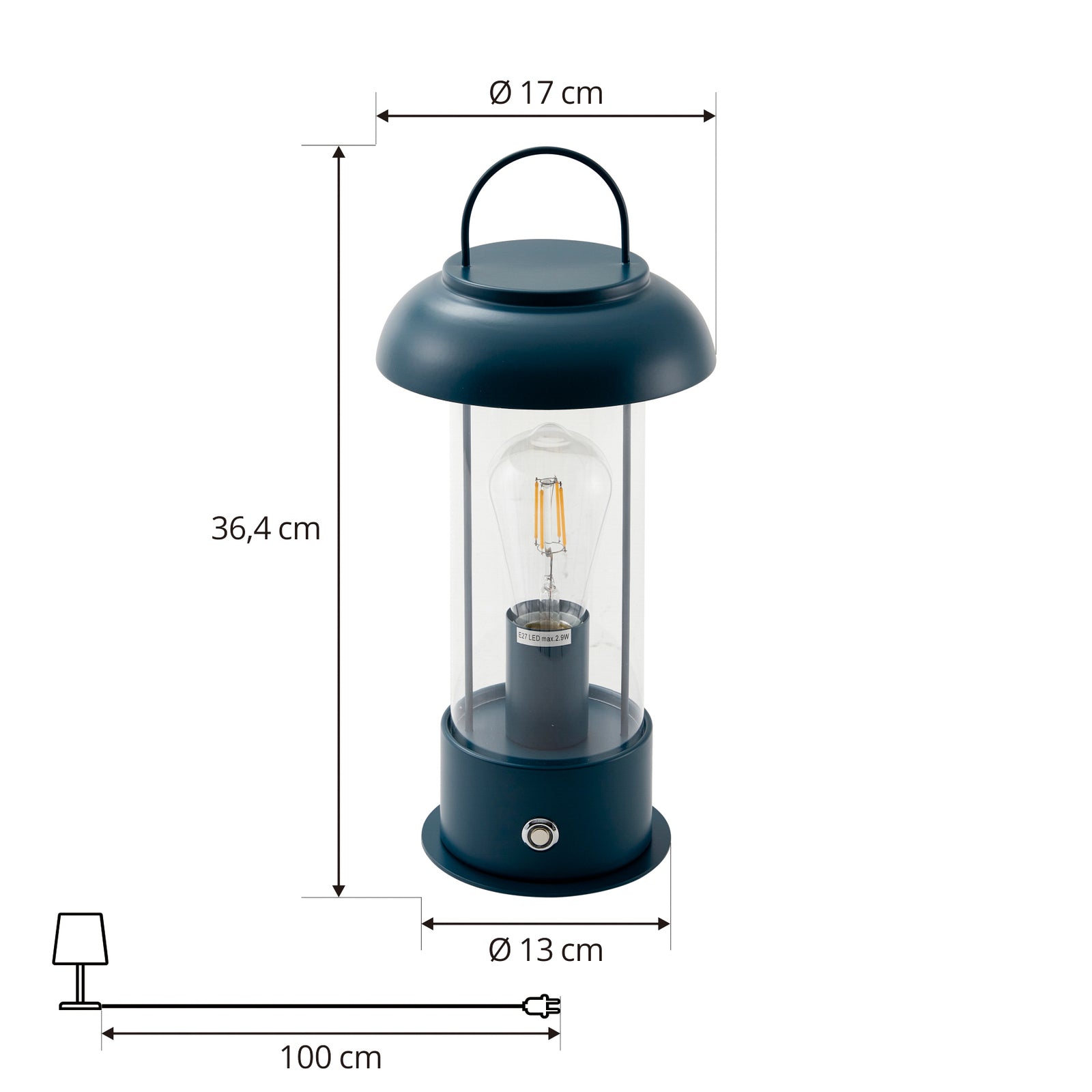 Nærbilde av LED oppladbar bordlampe Yvette glass blå IP44 dimbar