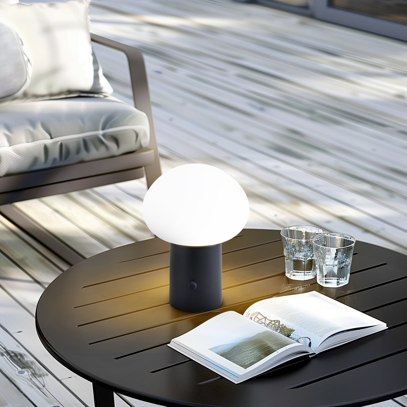 LED oppladbar bordlampe Zelie dimbar svart aluminium IP44 bakside