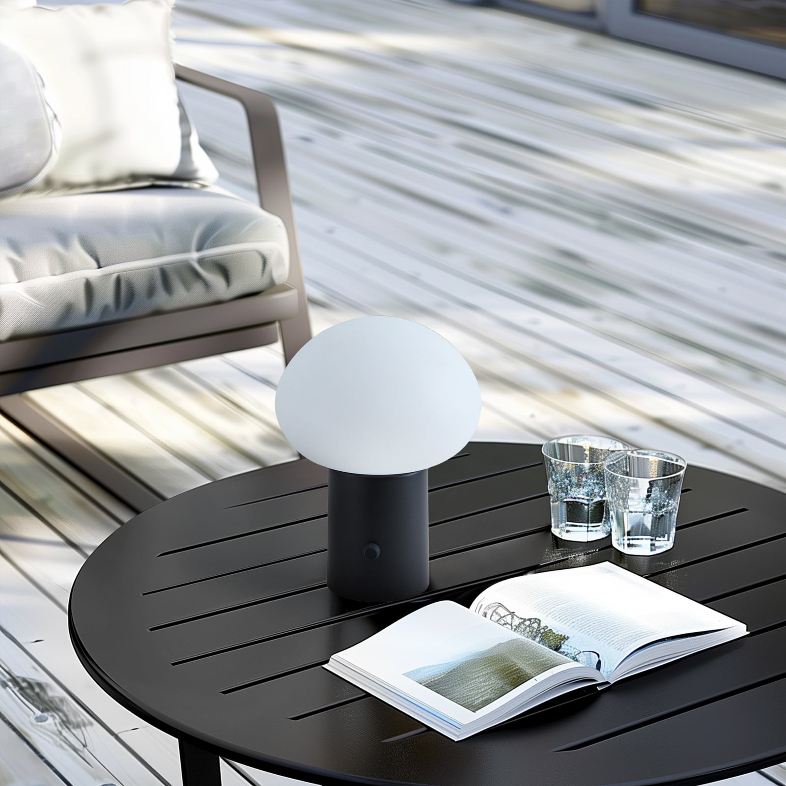 LED oppladbar bordlampe Zelie dimbar svart aluminium IP44 detalj av dimmer