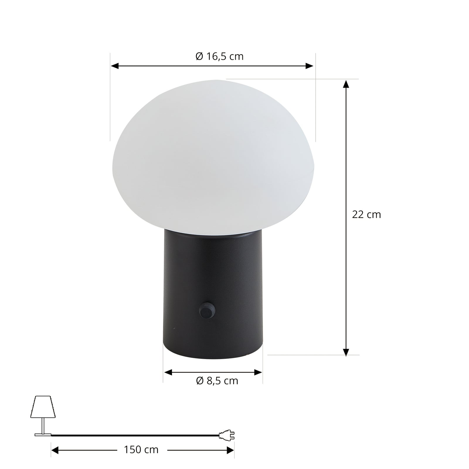 LED oppladbar bordlampe Zelie dimbar svart aluminium IP44 nærbilde av lampehode