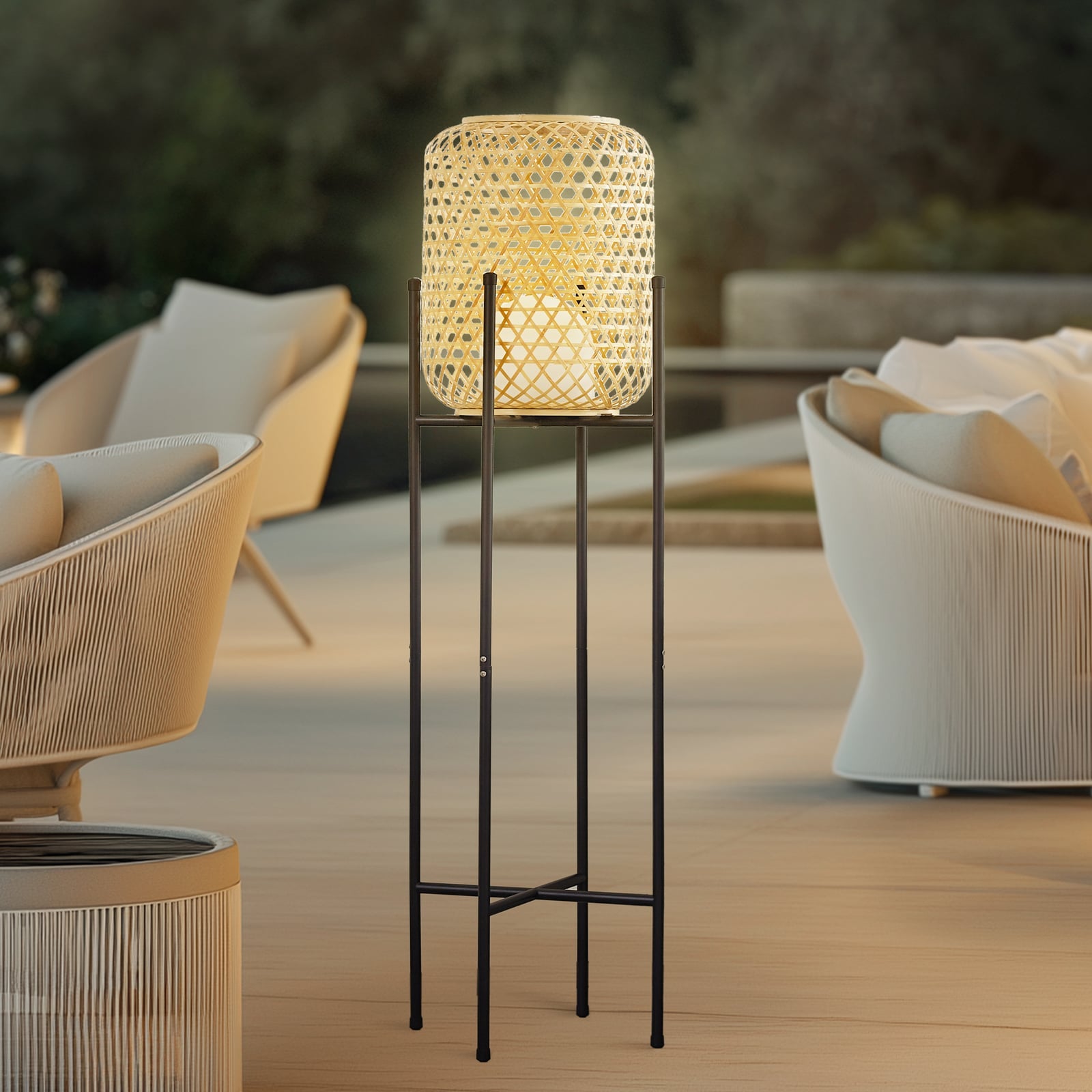 LED oppladbar gulvlampe Adebi dimbar bambus Ø32,5 cm IP44 forfra
