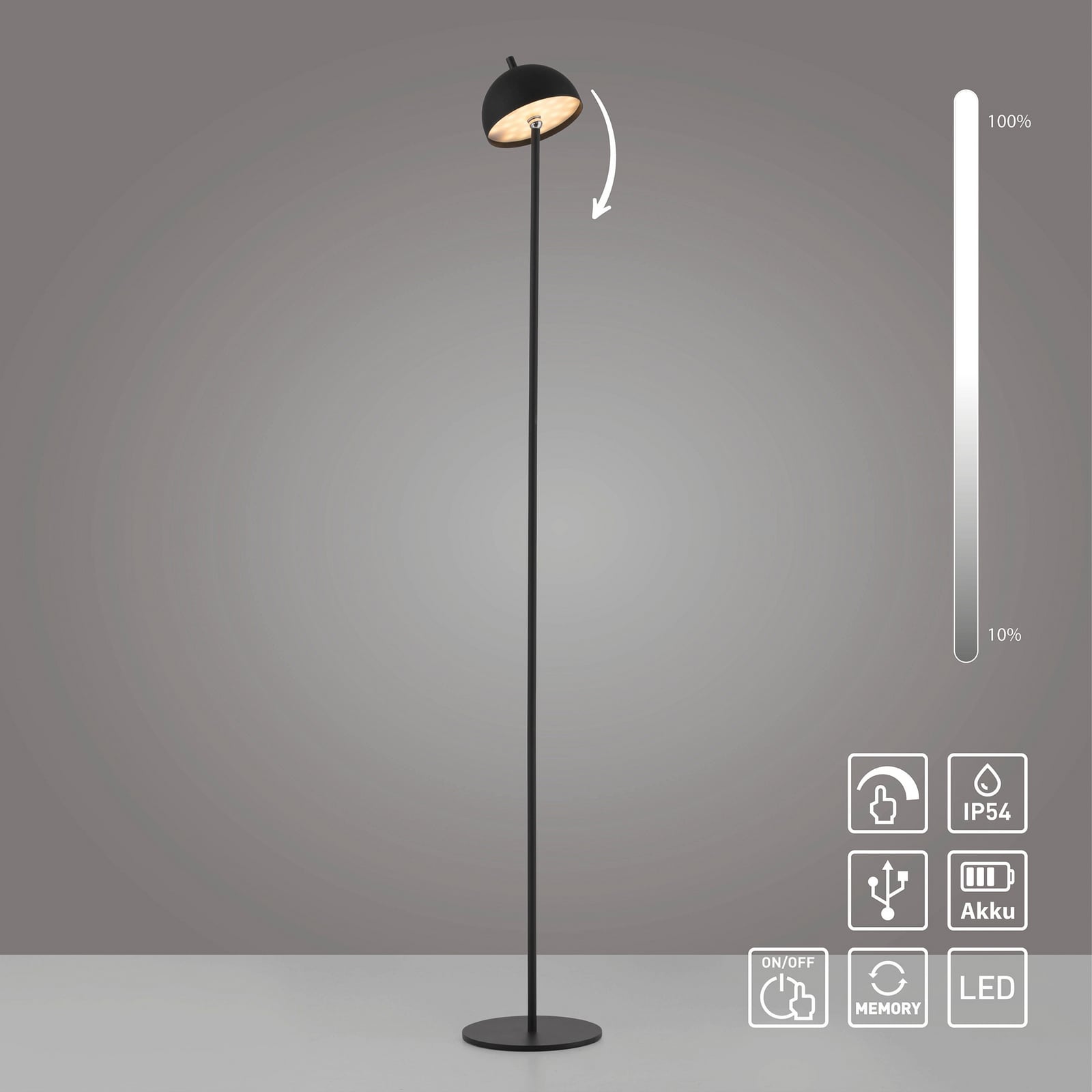 LED oppladbar gulvlampe Bellies dimbar svart IP54 med silikonring