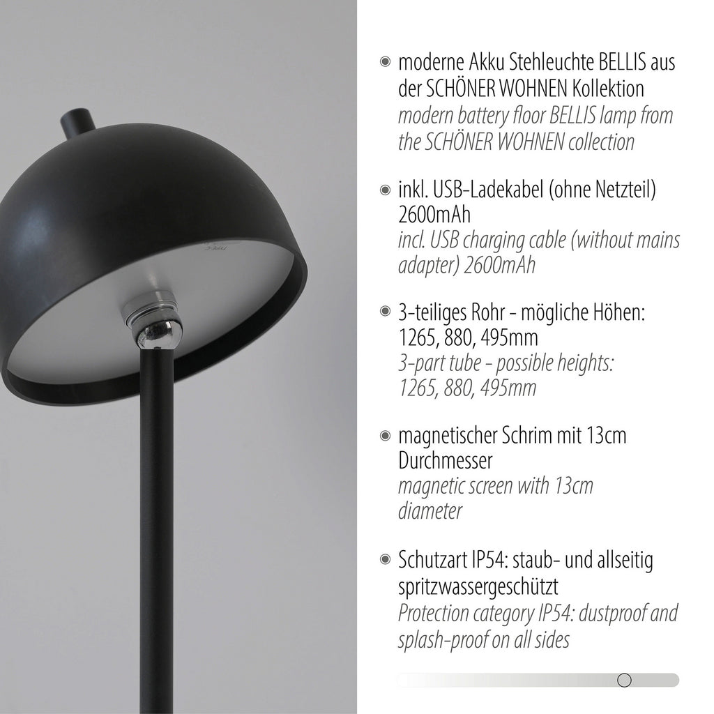LED oppladbar gulvlampe Bellies dimbar svart IP54 i bruk på terrasse