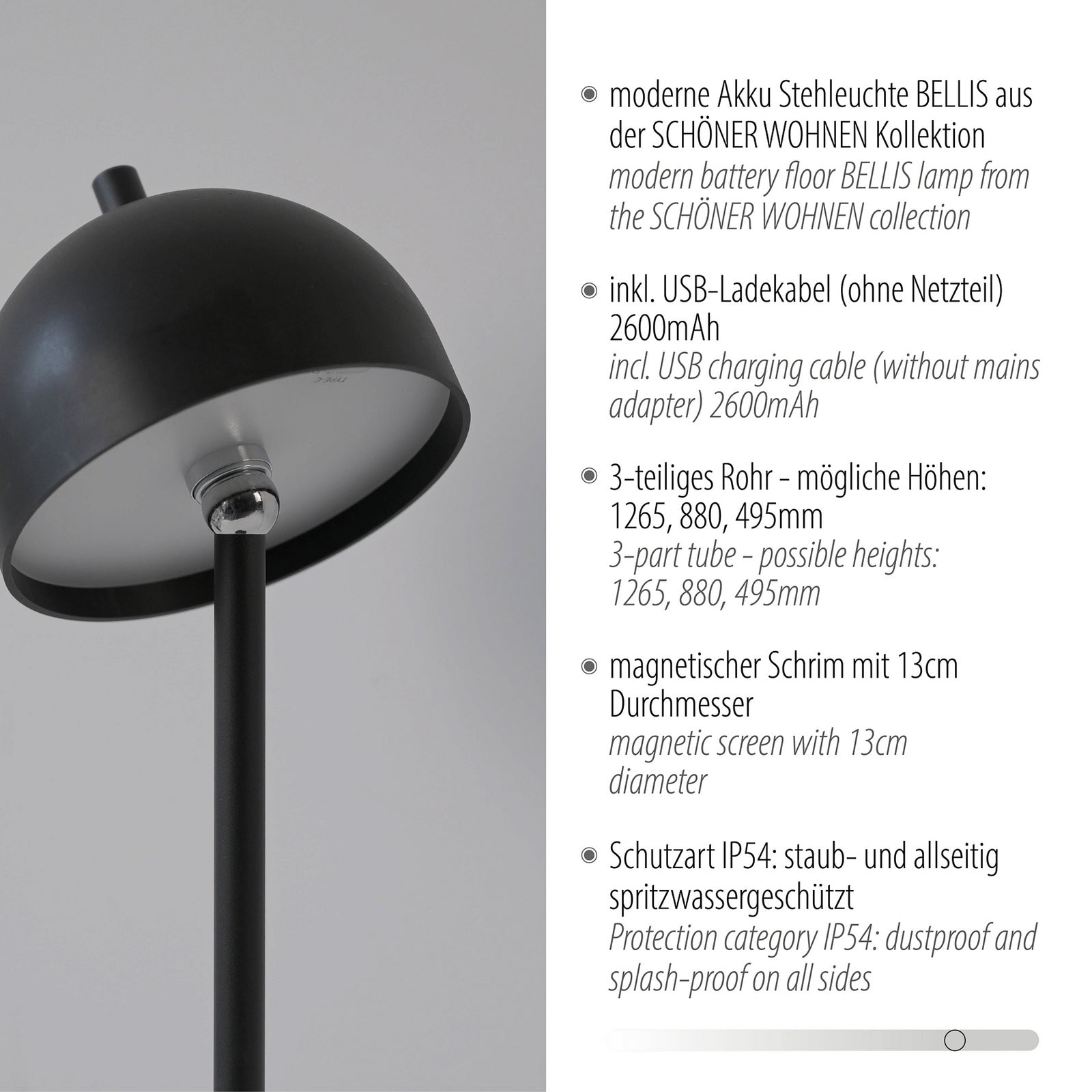 LED oppladbar gulvlampe Bellies dimbar svart IP54 i bruk på terrasse