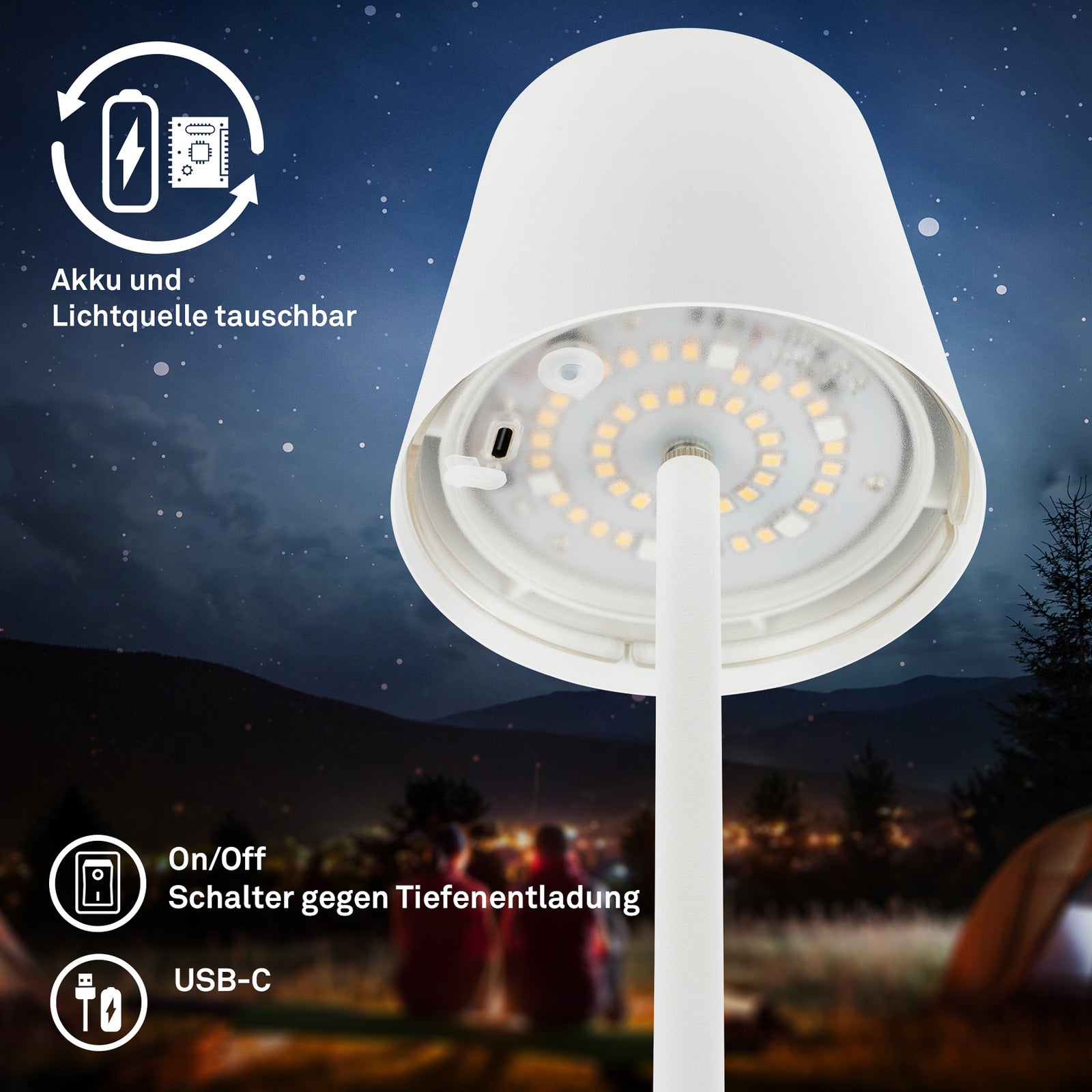 LED oppladbar gulvlampe Coloris hvit dimbar RGB IP44 Briloner pakket klar for levering