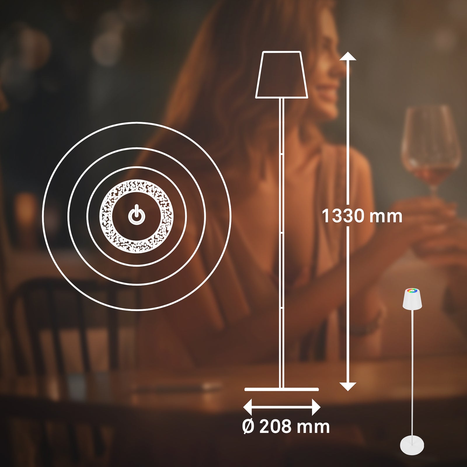 LED oppladbar gulvlampe Coloris hvit dimbar RGB IP44 Briloner montert i stue
