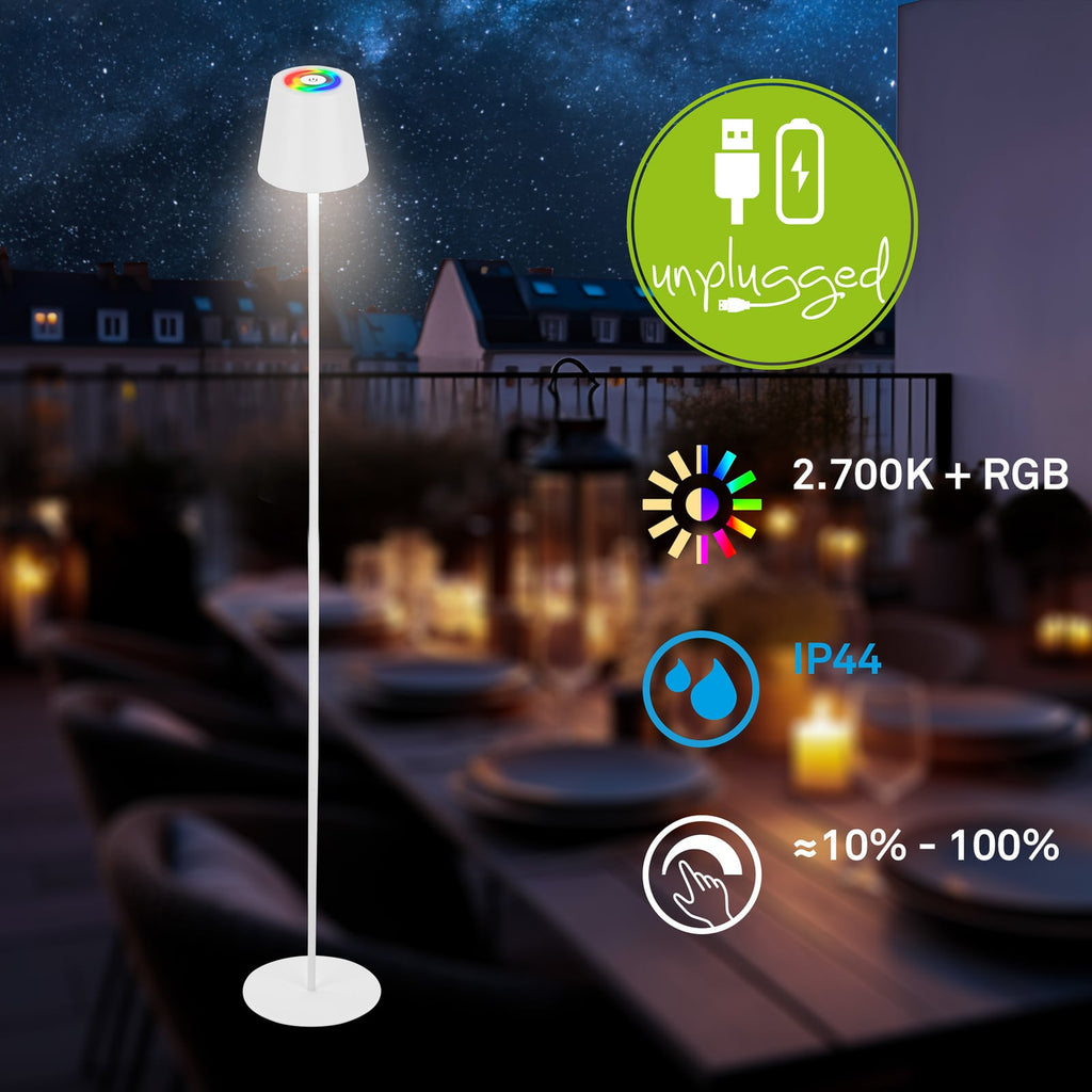 LED oppladbar gulvlampe Coloris hvit dimbar RGB IP44 Briloner viser dimmerfunksjon
