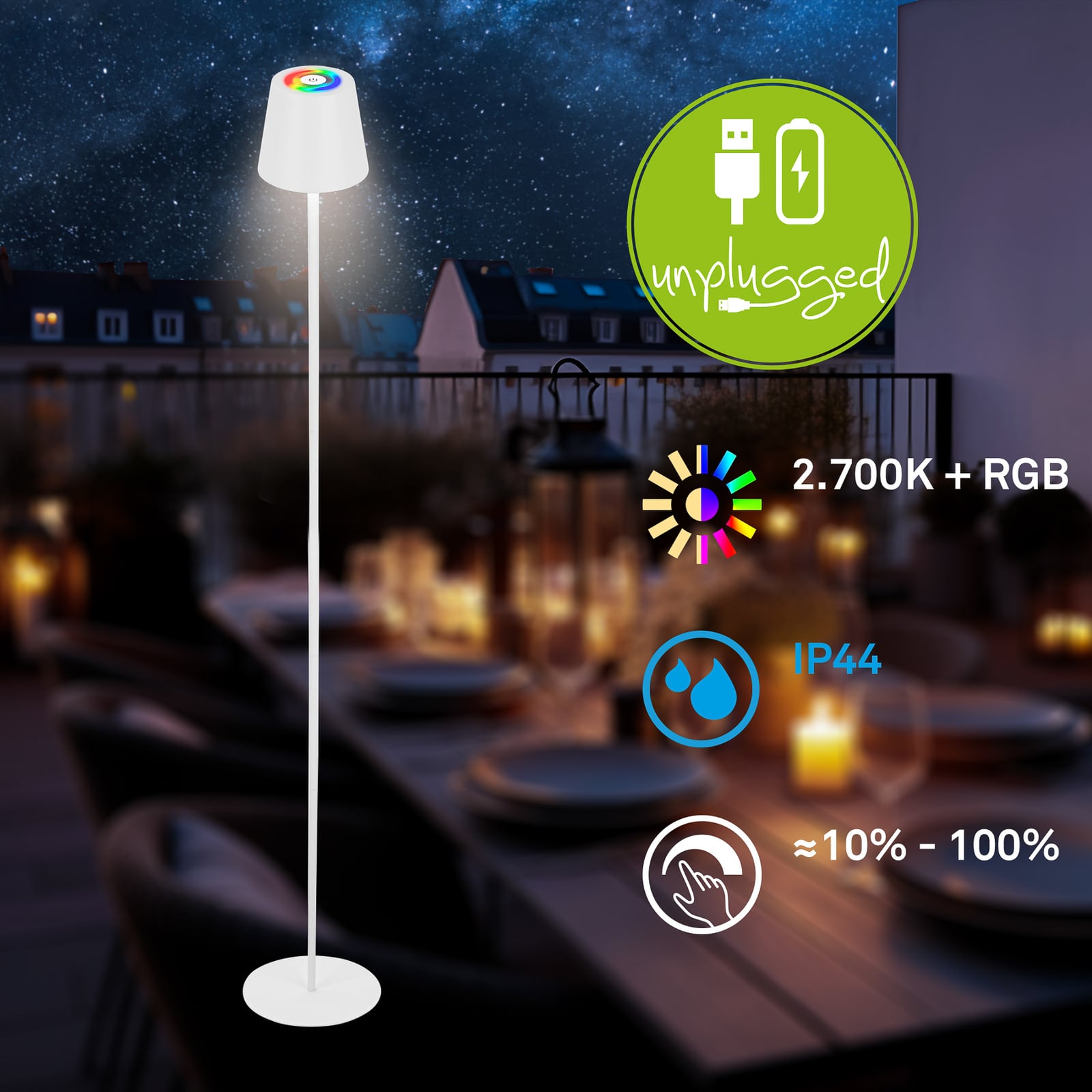 LED oppladbar gulvlampe Coloris hvit dimbar RGB IP44 Briloner viser dimmerfunksjon