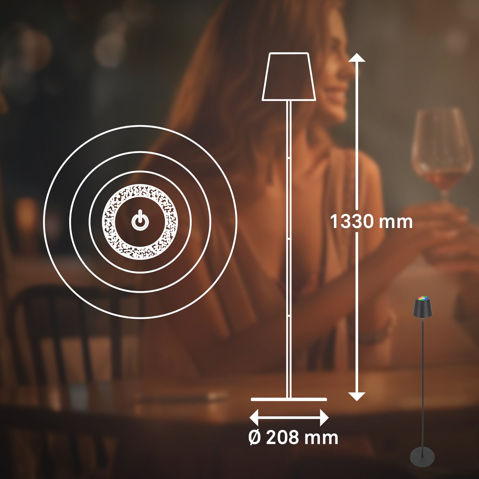 LED oppladbar gulvlampe Coloris svart dimbar RGB IP44 - Briloner montert