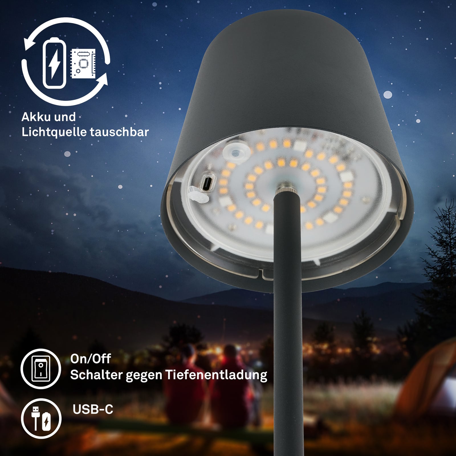 LED oppladbar gulvlampe Coloris svart dimbar RGB IP44 - Briloner USB lading