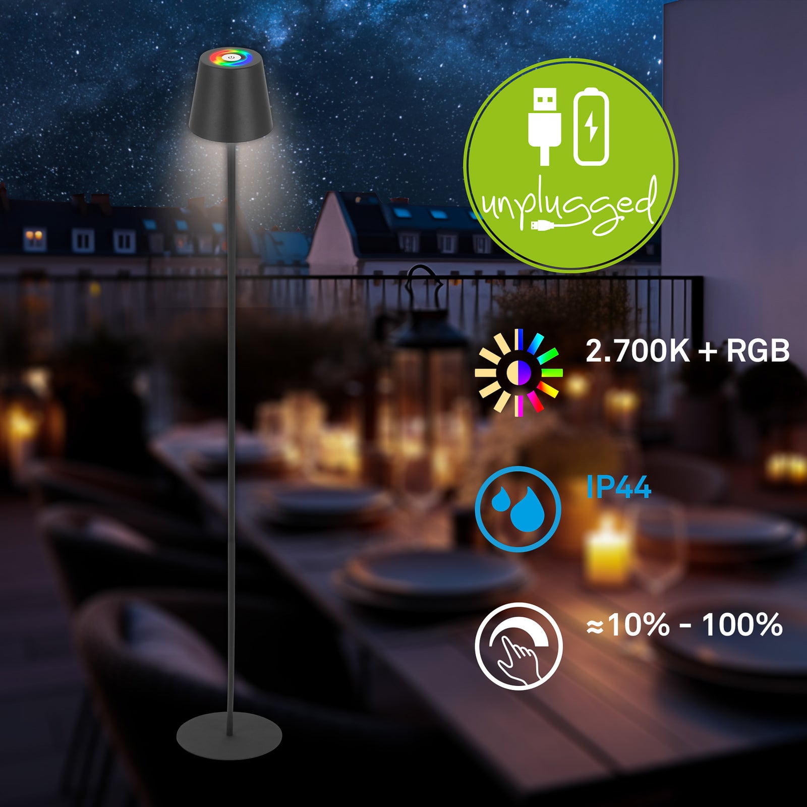 LED oppladbar gulvlampe Coloris svart dimbar RGB IP44 - Briloner lysmodus