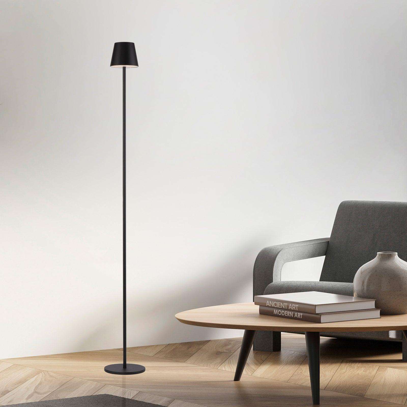 LED oppladbar gulvlampe Euria dimbar svart IP54 bakside
