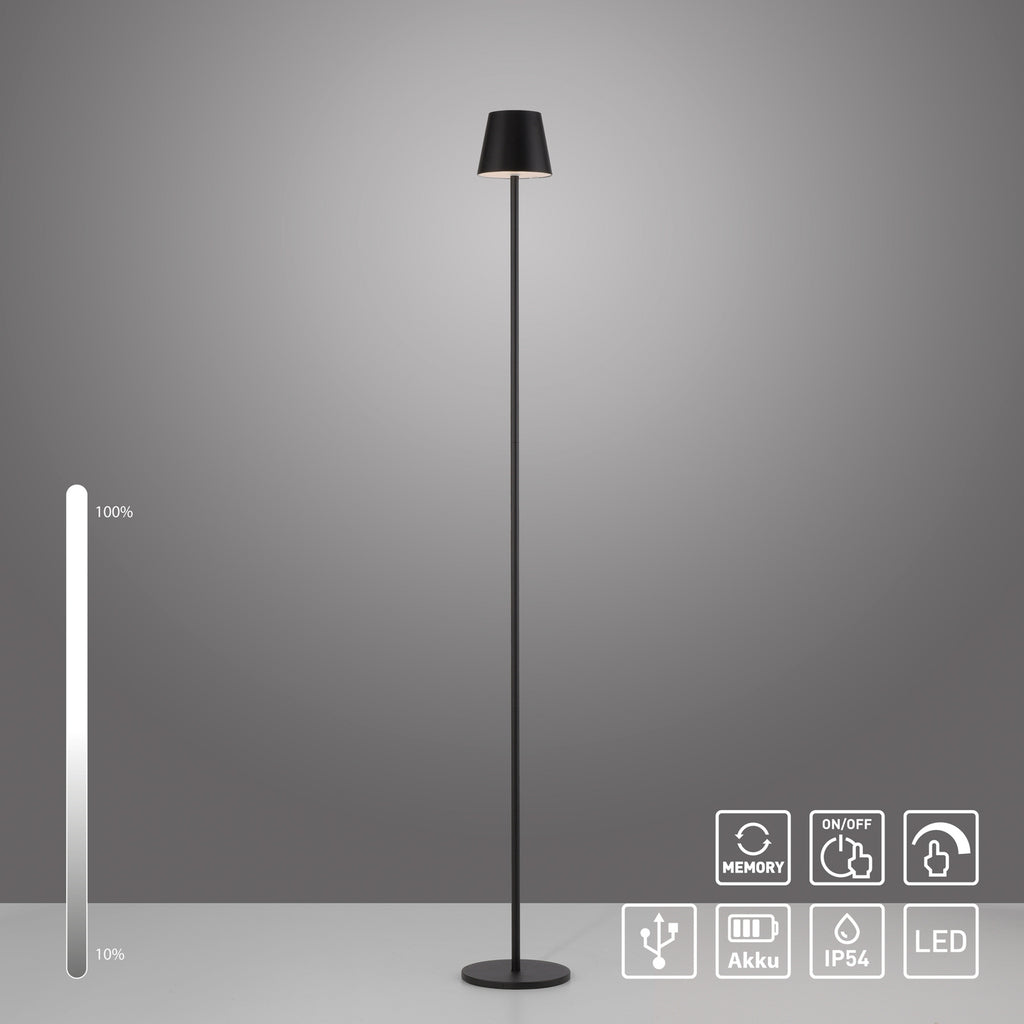 LED oppladbar gulvlampe Euria dimbar svart IP54 høydejustering