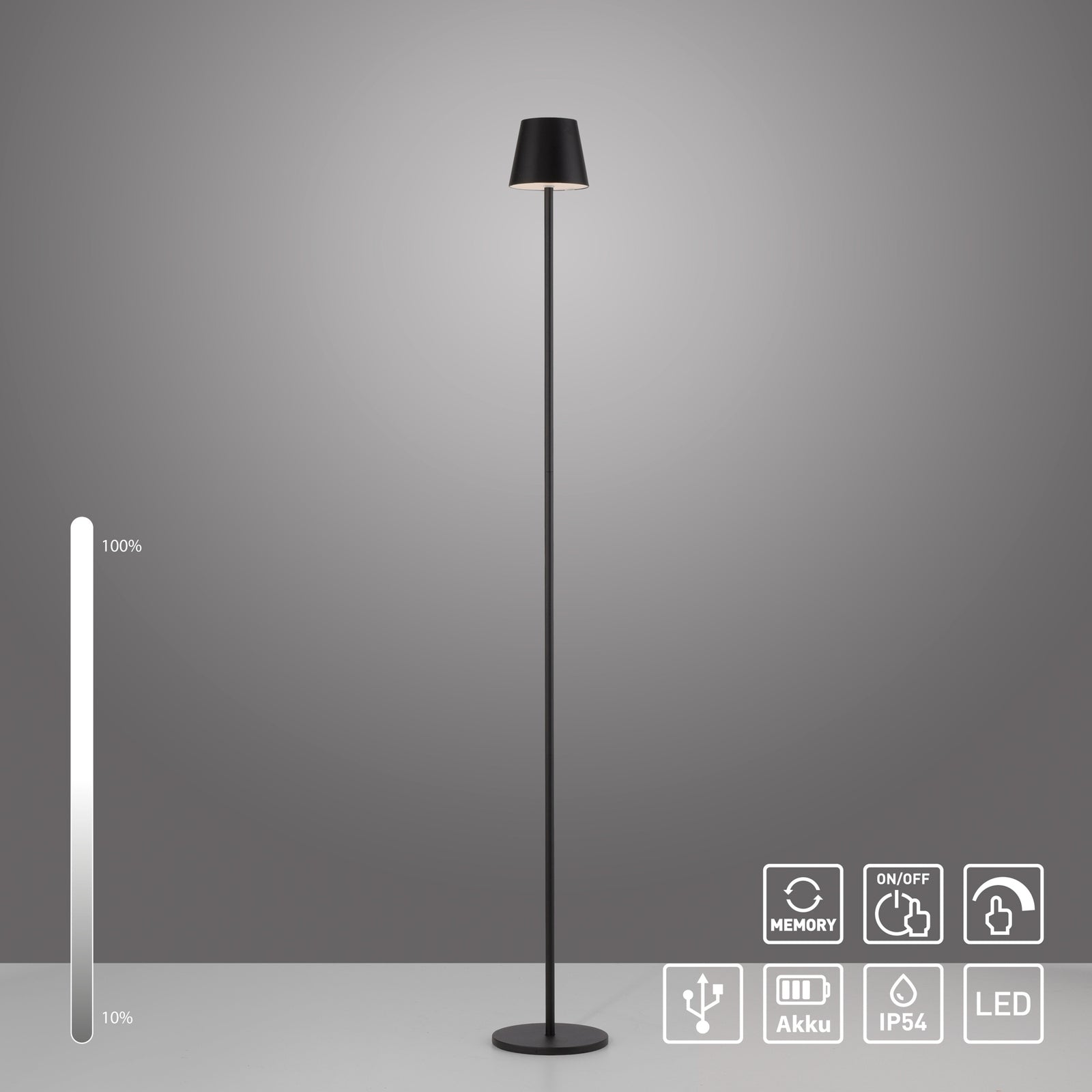 LED oppladbar gulvlampe Euria dimbar svart IP54 høydejustering