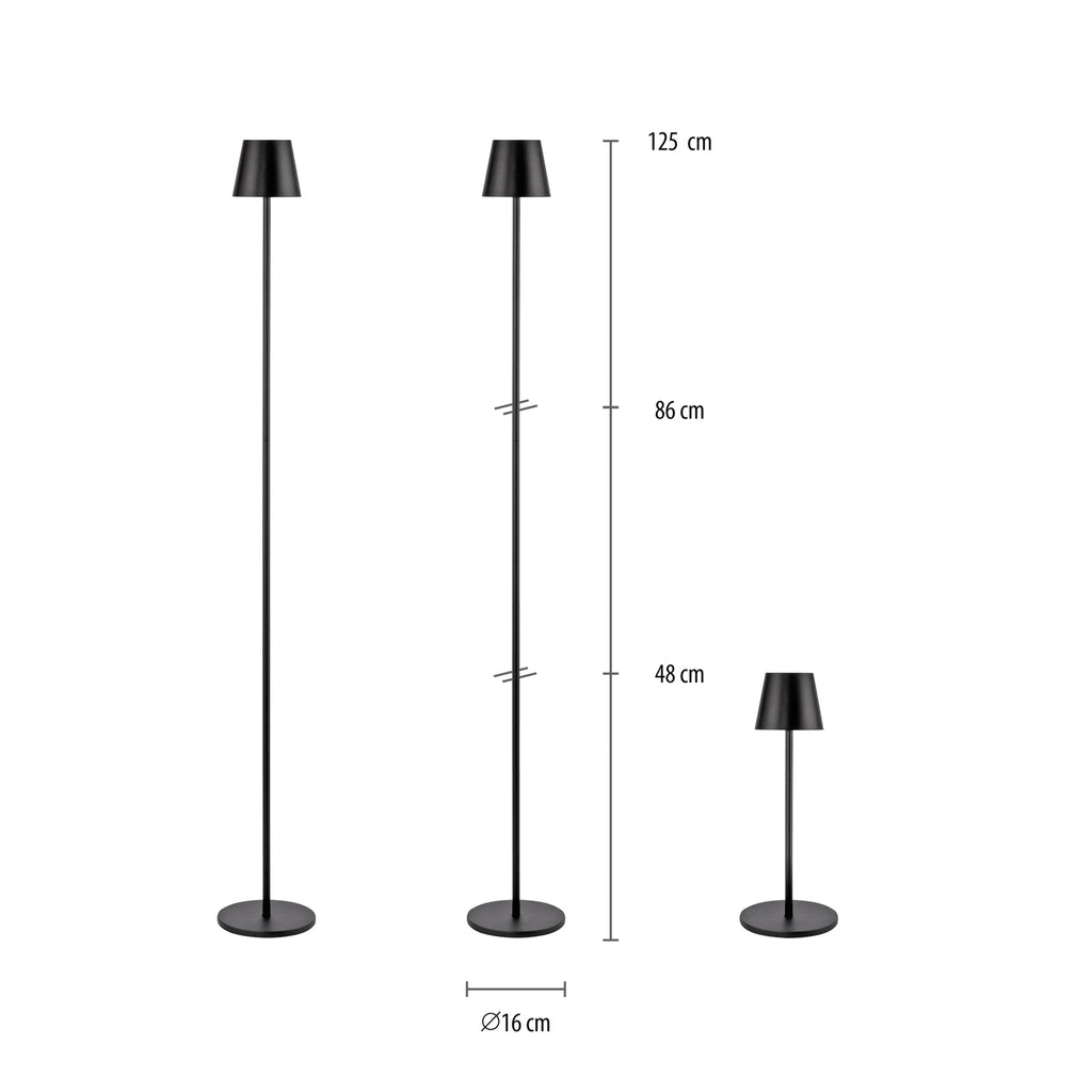 LED oppladbar gulvlampe Euria dimbar svart IP54 montert i stue
