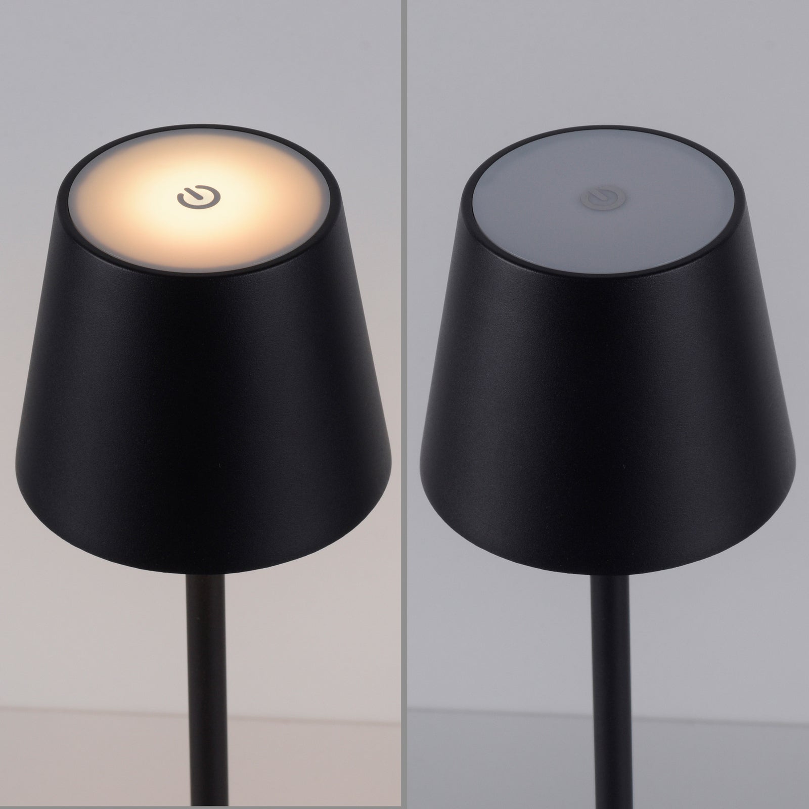 LED oppladbar gulvlampe Euria dimbar svart IP54 på terrasse
